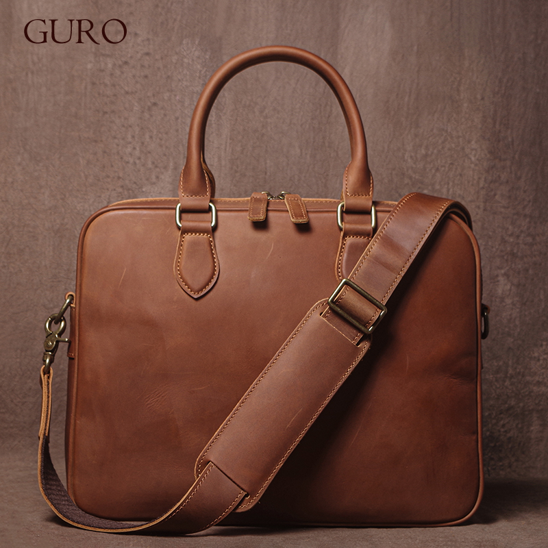 Luxury Zipper Bags - GURO Men Crazy Horse Cowhide Briefcase